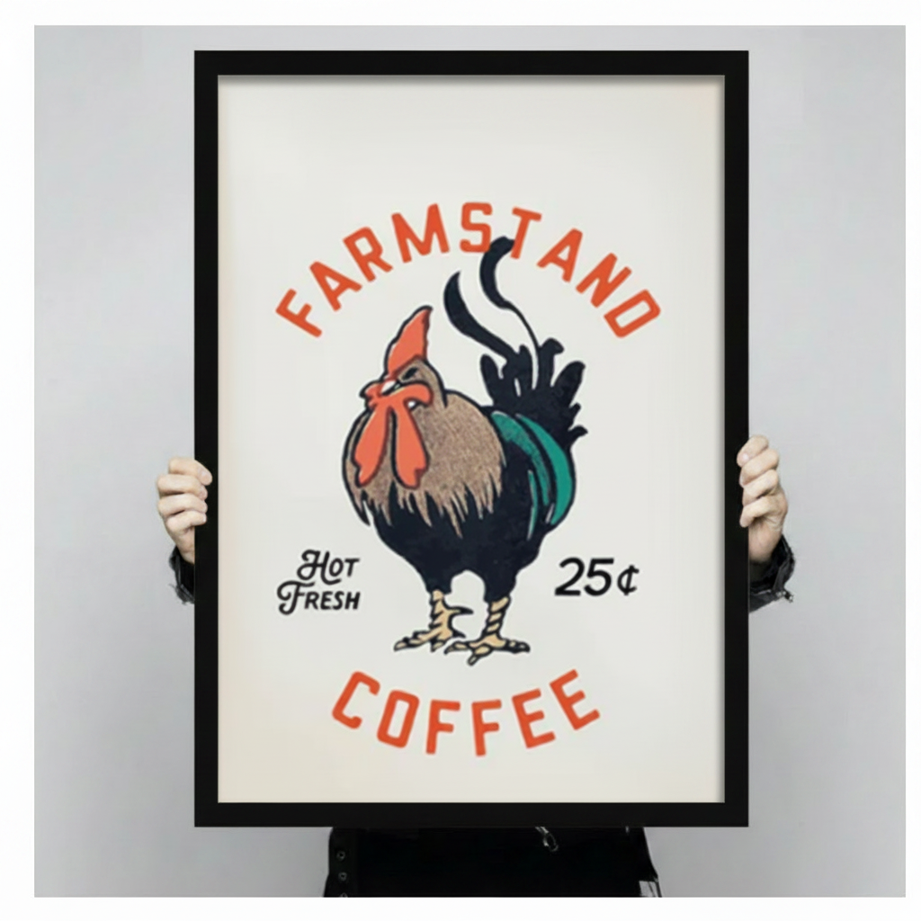 Farmstand Coffee rooster canvas wall art in black frame — rustic retro print for farmhouse kitchen decor