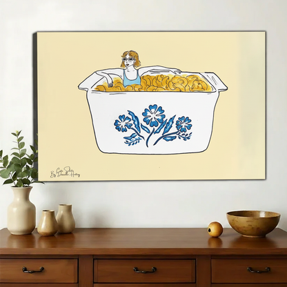 Girl Bathing in Mac & Cheese Wall Art – Funny Surrealist Illustration Canvas Print on Natural Wood Frame | W2194