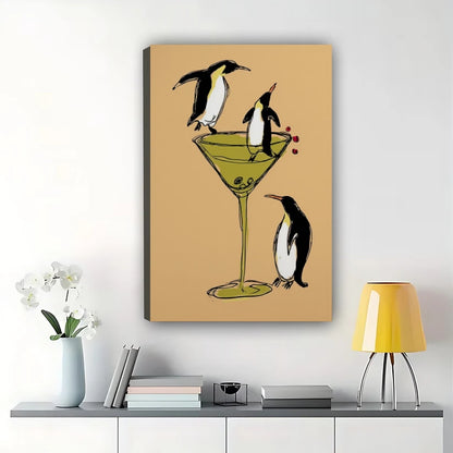 Penguins in Martini Glass Wall Art – Funny Cocktail Party Penguin Canvas Print on Natural Wood Frame | W2426