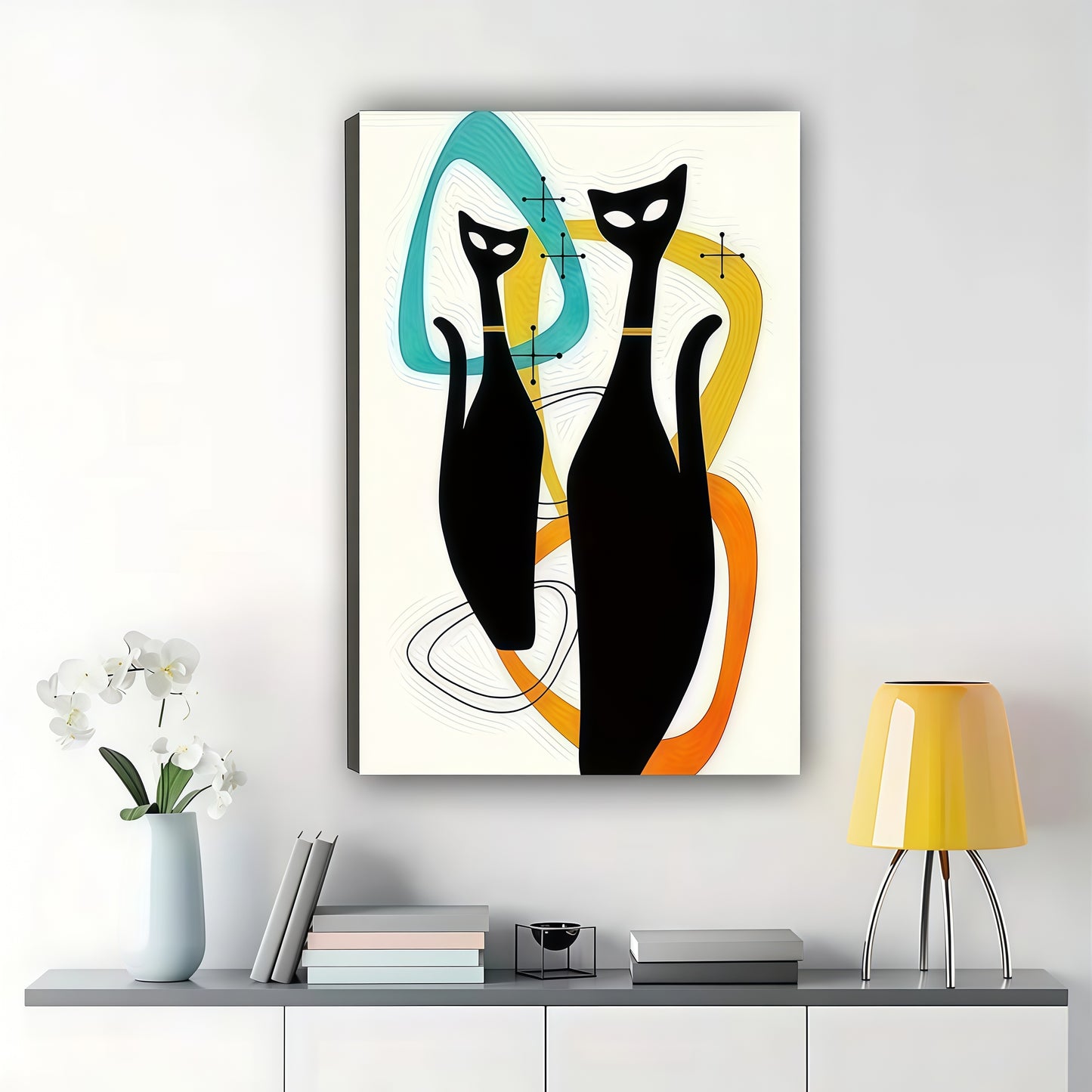 Mid-Century Double Cat – Abstract Geometric Cat Wall Art on Natural Wood Canvas | W2014