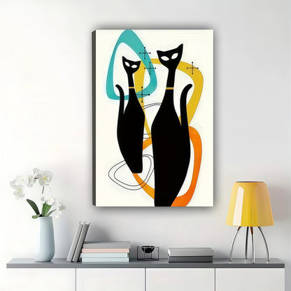 Mid-Century Double Cat – Abstract Geometric Cat Wall Art on Natural Wood Canvas | W2014