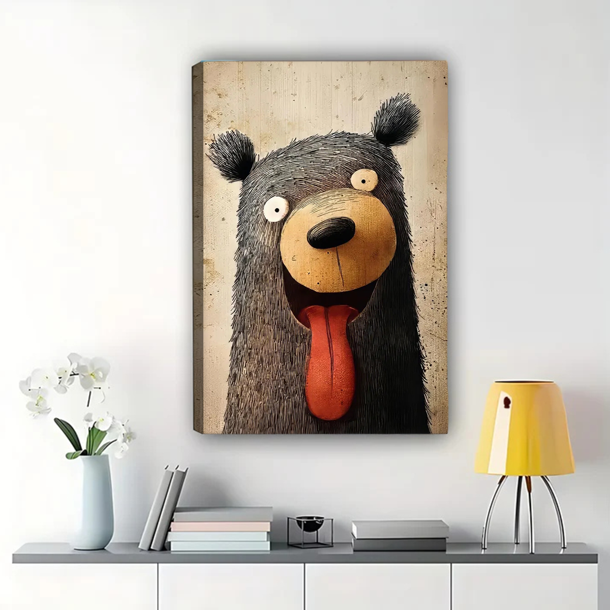 Happy Bear with Tongue Out - Whimsical Canvas Wall Art|W1177