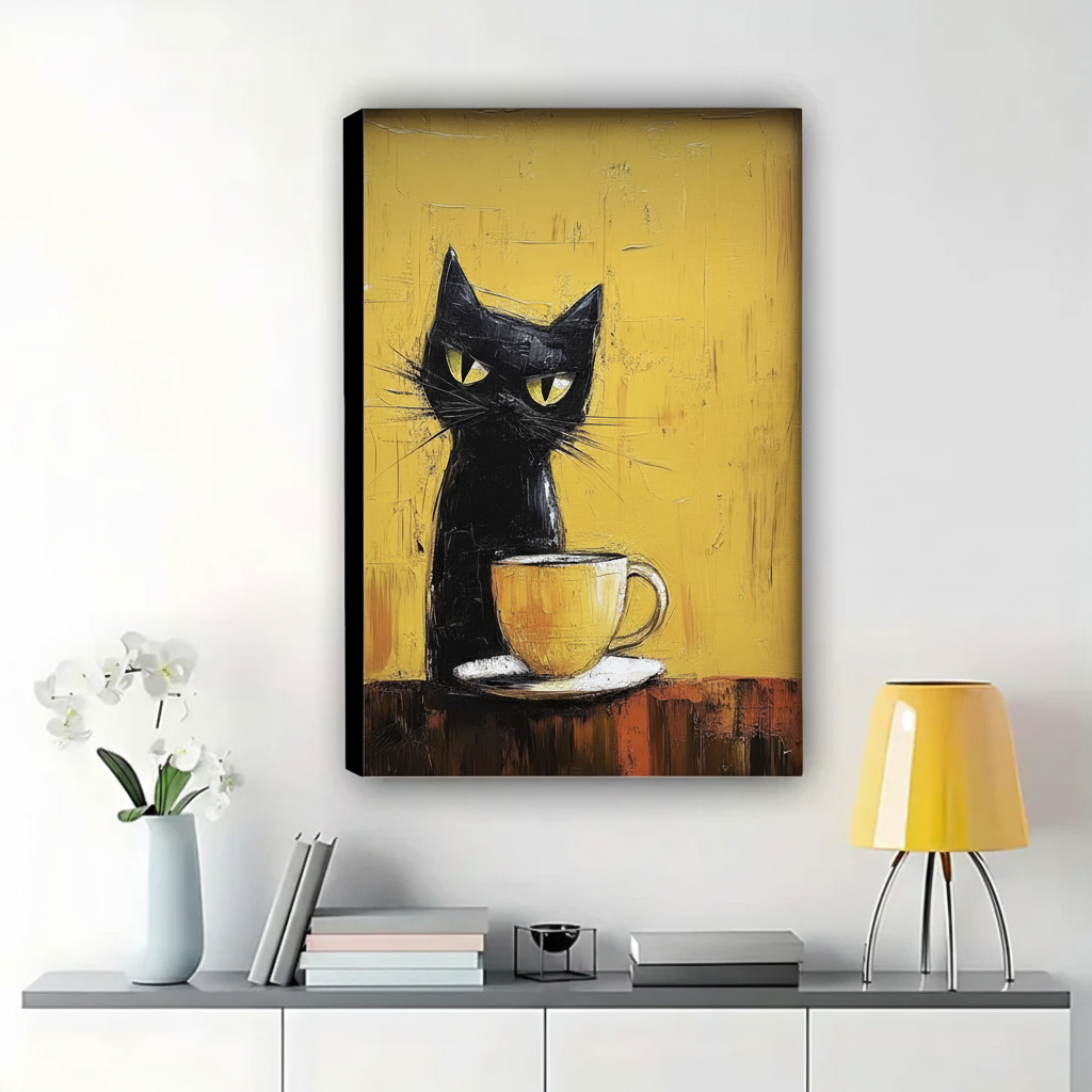 Black Cat Guarding a Coffee Cup Wall Art – Bold Impasto Oil Painting Canvas Print on Natural Wood Frame | W2176