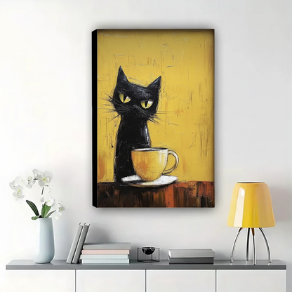 Black Cat Guarding a Coffee Cup Wall Art – Bold Impasto Oil Painting Canvas Print on Natural Wood Frame | W2176