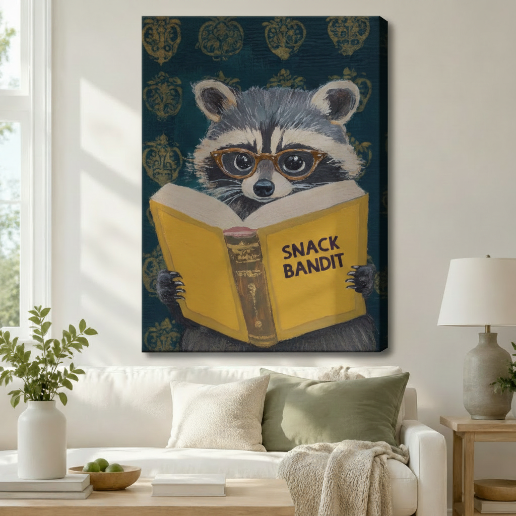 Snack Bandit Raccoon Reading Funny Impasto Canvas Print w6085