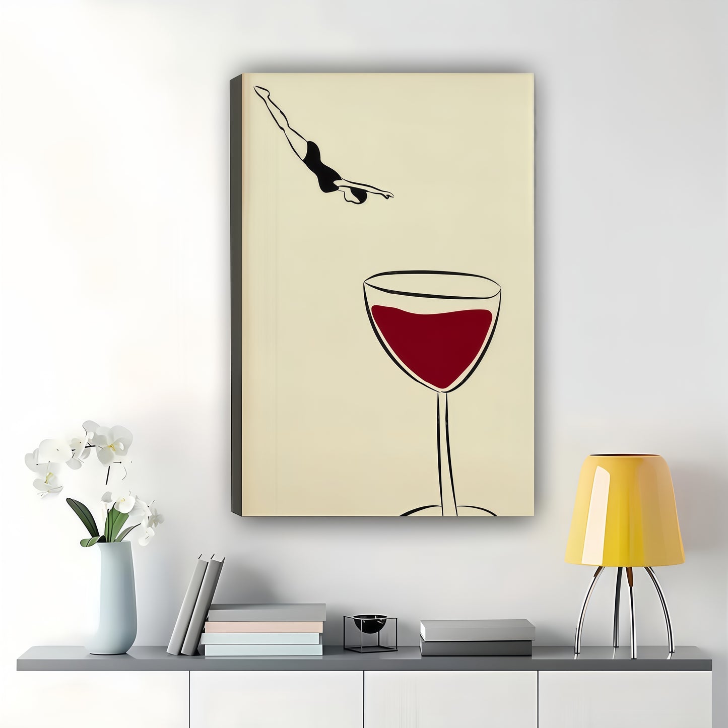 Red Wine Glass with Olive Minimalist Wall Art Bar Cart & Kitchen Decor | W827