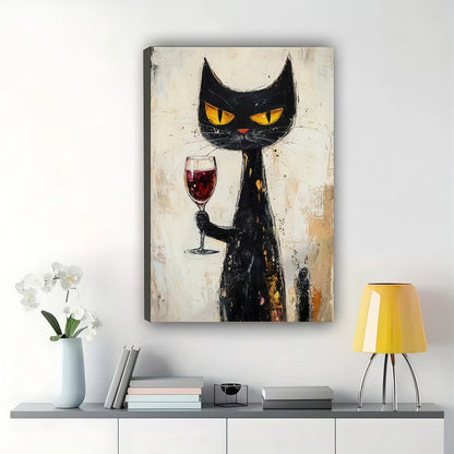 The Wine-Glass-Holding Sophisticated Black Cat – Retro Edgy Wall Art on Natural Wood Canvas | W637