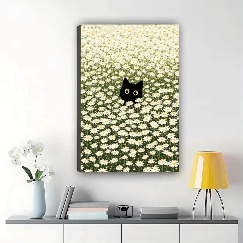 Black Cat in Daisy Field – Whimsical Minimalist Wall Art on Natural Wood Canvas | W858