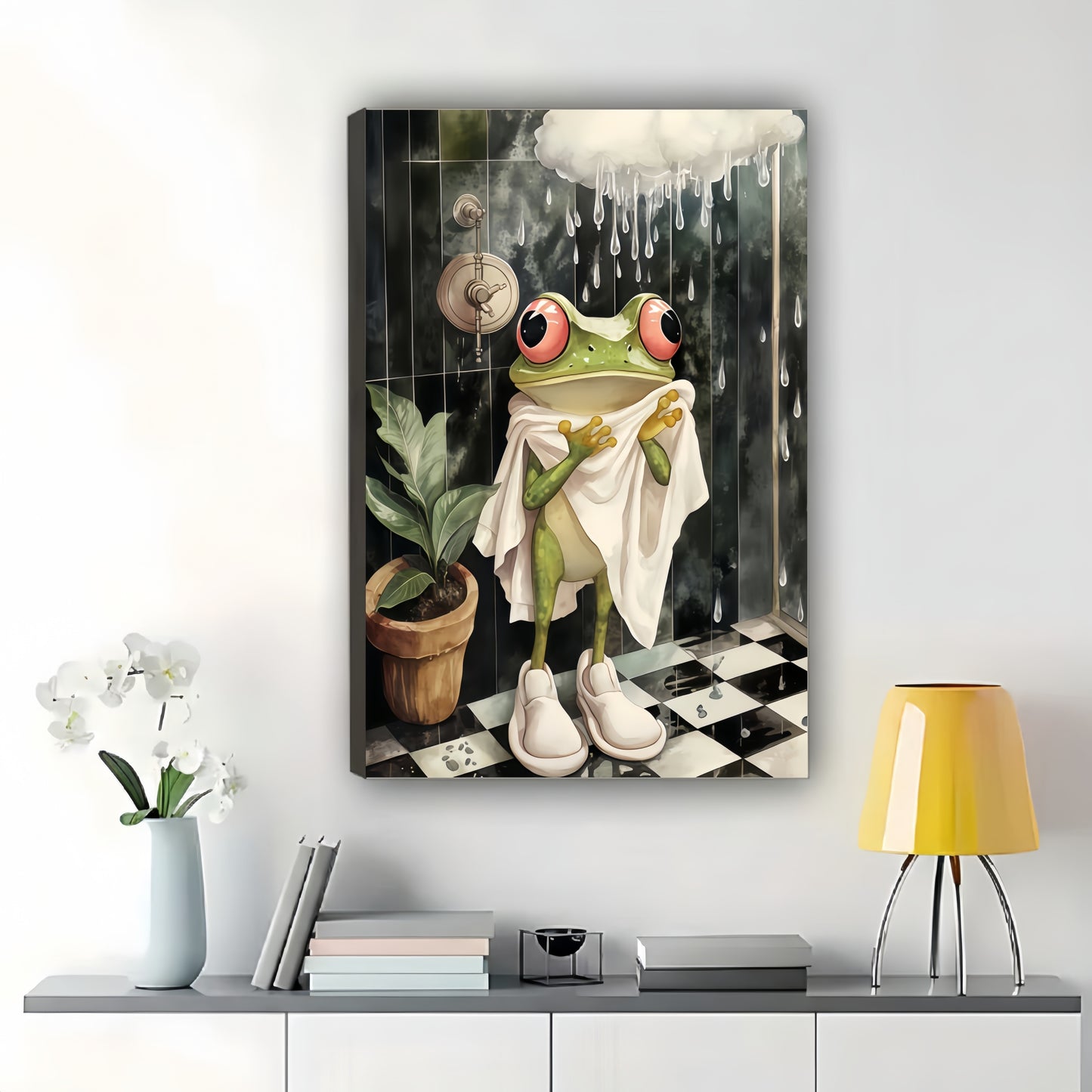 The Rainy-Day Cozy Frog – Retro Playful Wall Art on Natural Wood Canvas | W603