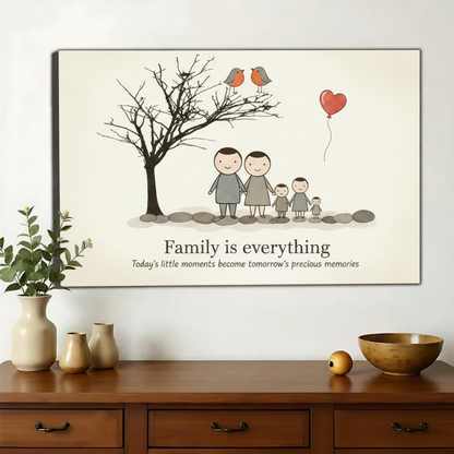 Family is Everything Wall Art – Heartwarming Minimalist Canvas Print on Natural Wood Frame | W2288