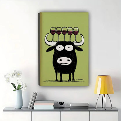 Bull with Wine Glasses Wall Art – Funny Black Bull Canvas Print on Natural Wood Frame | W2420