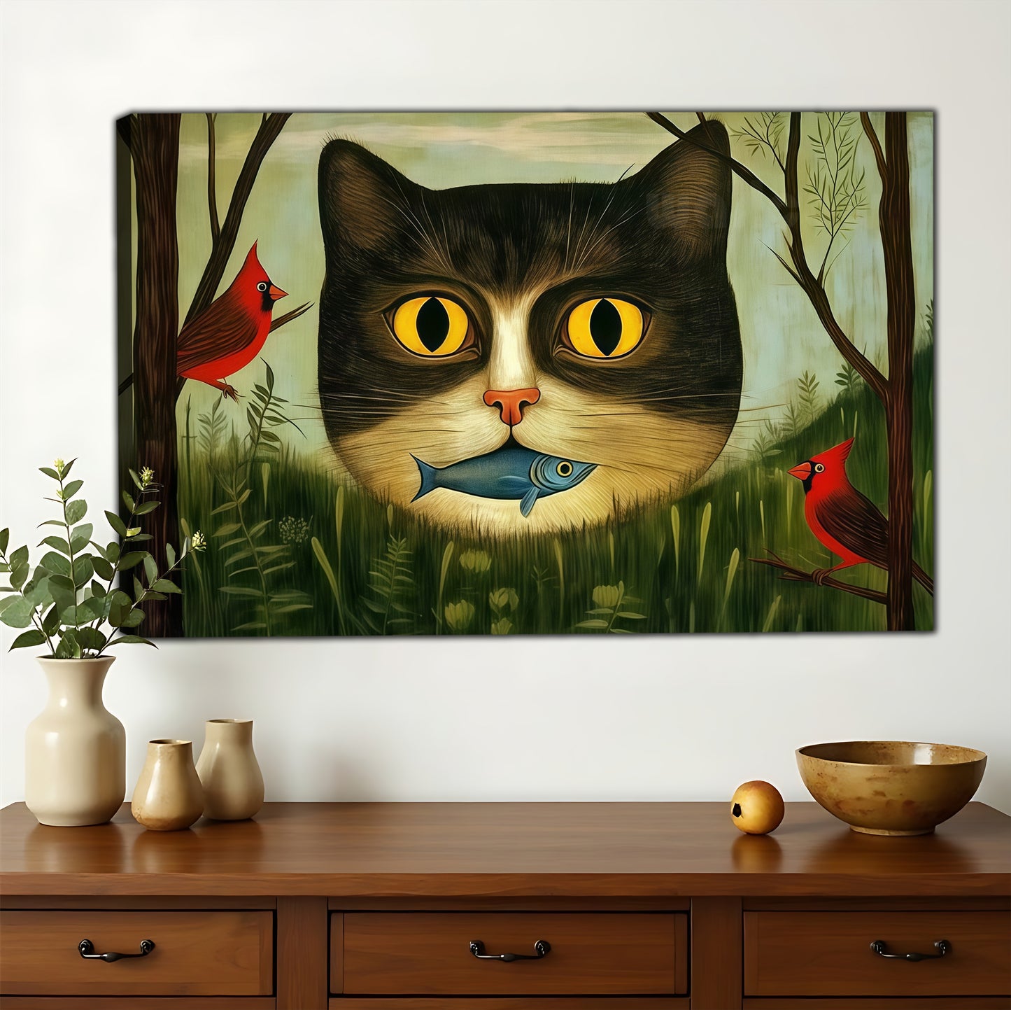 The Jungle Cat  Fish – Surreal Nature Wall Art on Natural Wood Canvas | W643