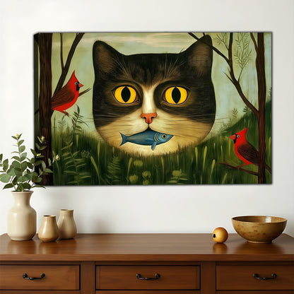 The Jungle Cat  Fish – Surreal Nature Wall Art on Natural Wood Canvas | W643