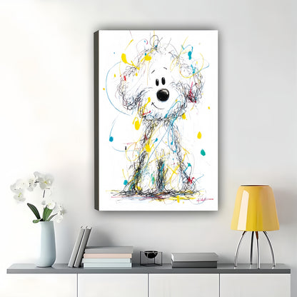 Colorful Scribble Style Fluffy White Dog – Playful Abstract Wall Art on Natural Wood Canvas | W762