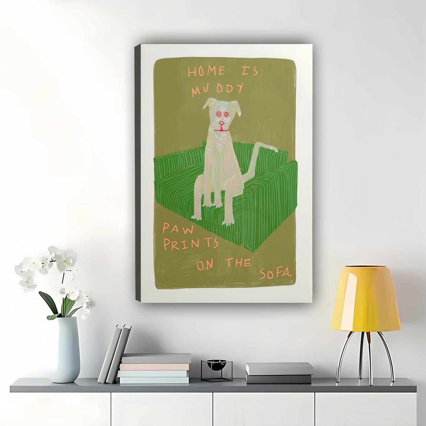 Home Is My Doggy Paw Prints On The Sofa” Whimsical Dog Wall Art on Natural Wood Canvas | W971