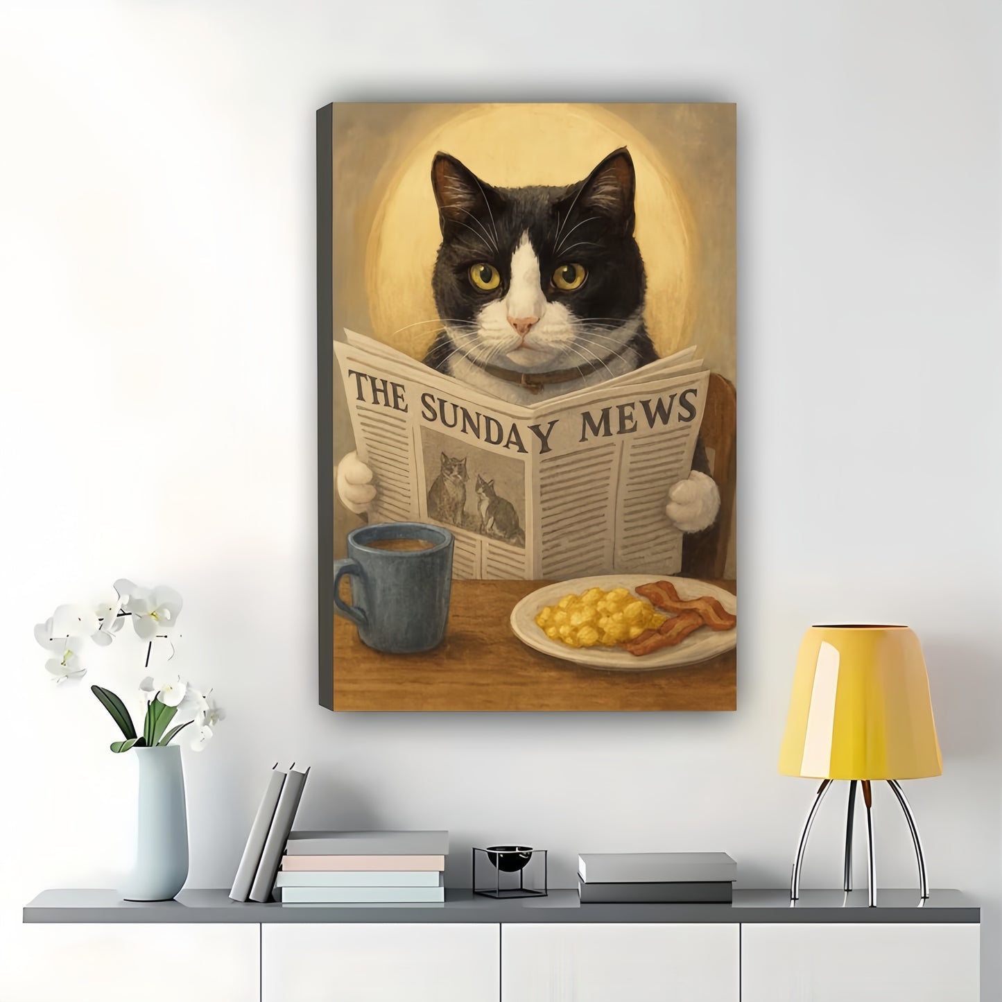 The Sunday Mews Cat – Cozy Retro Cat Wall Art on Natural Wood Canvas | W676