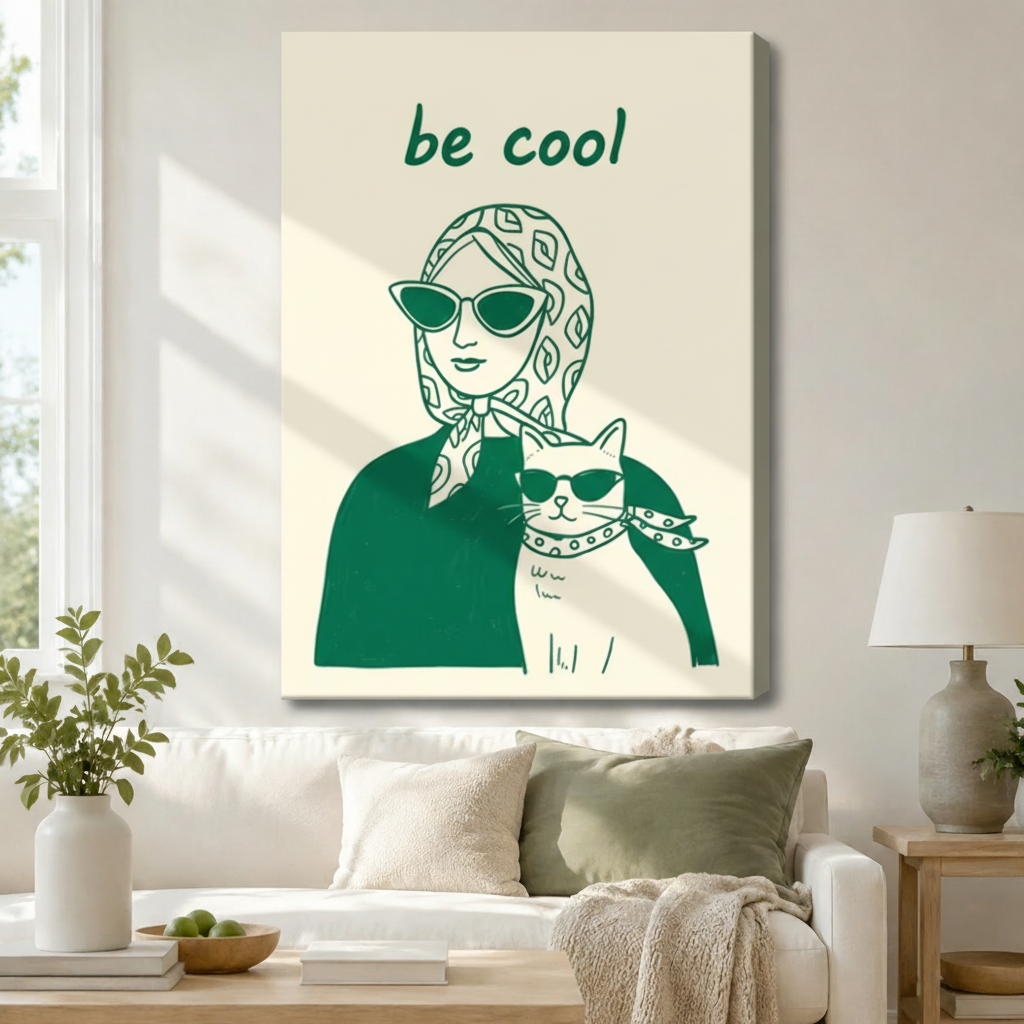 Be Cool Woman Cat Retro Pop Canvas Wall Art w6078