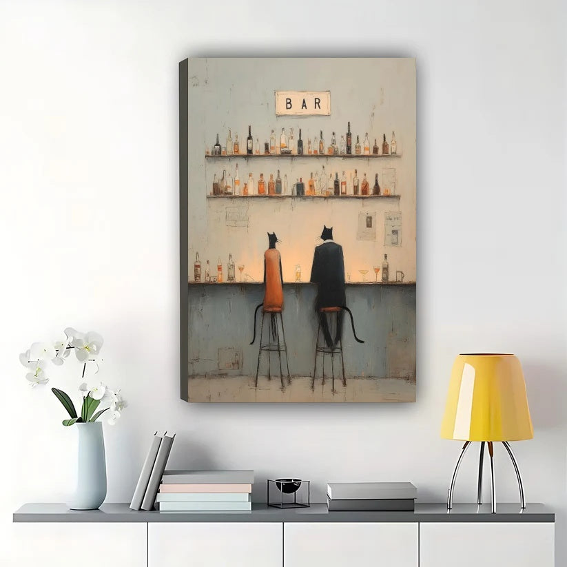 Two Cats at Bar Wall Art – Moody Retro Cat Bar Scene Canvas Print | W2112