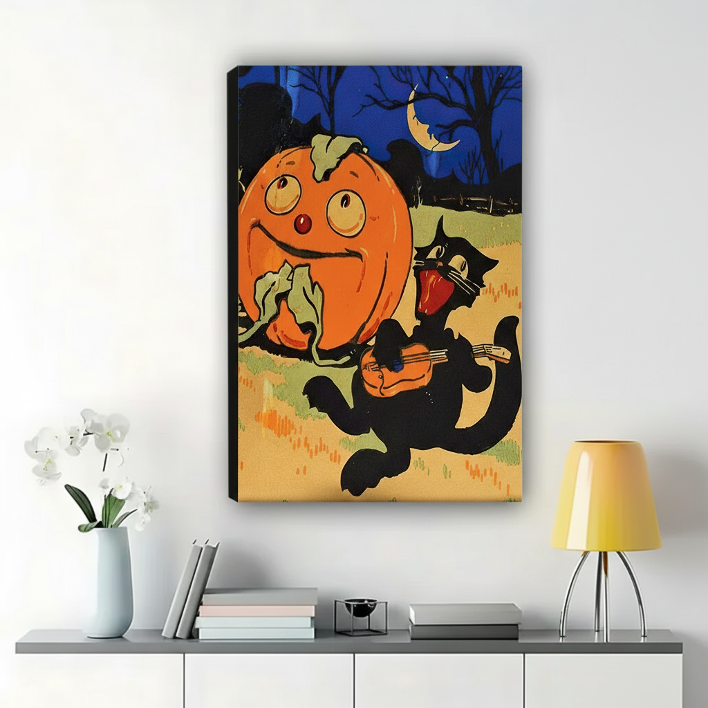 Halloween Pumpkin & Black Cat Wall Art – Vintage Whimsical Canvas Print on Natural Wood Frame | W2116