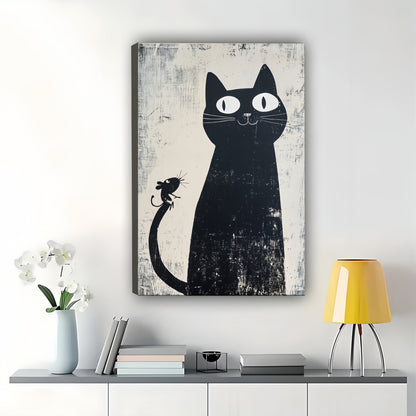 Black Cat with Mouse Tail – Whimsical Vintage Wall Art on Natural Wood Canvas | W938