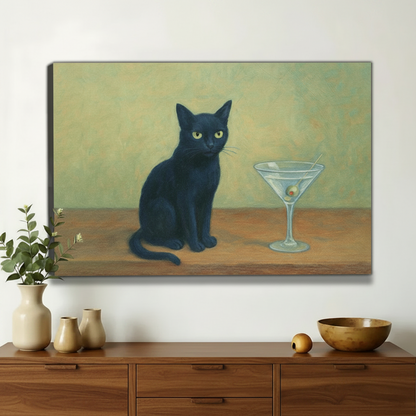 Black Cat with Martini Glass Wall Art – Moody Whimsical Cat Canvas Print on Natural Wood Frame | W2263