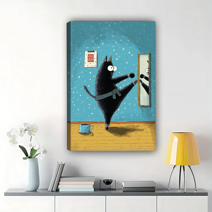Karate Cat with Googly Eyes - Funny Black Cat Canvas Wall Art|W1173