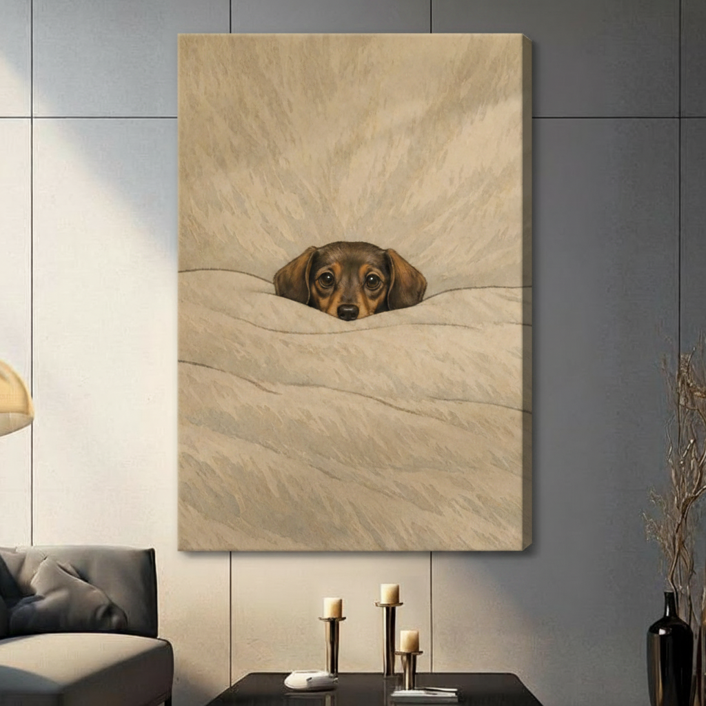Cozy Dachshund Under Blanket Oil Painting Canvas w6078
