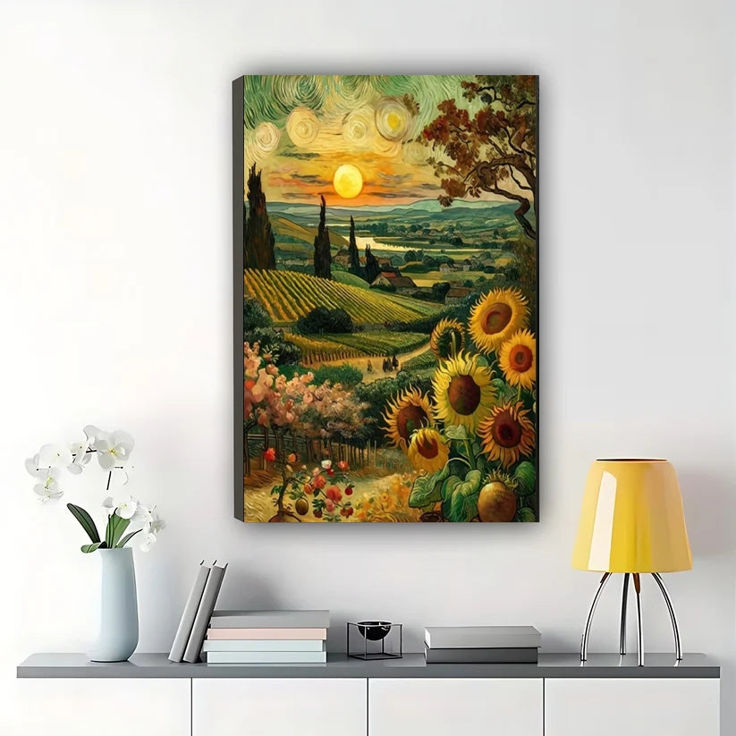 Van Gogh Sunfield with Sun – Artistic Wall Art on Natural Wood Canvas | W781