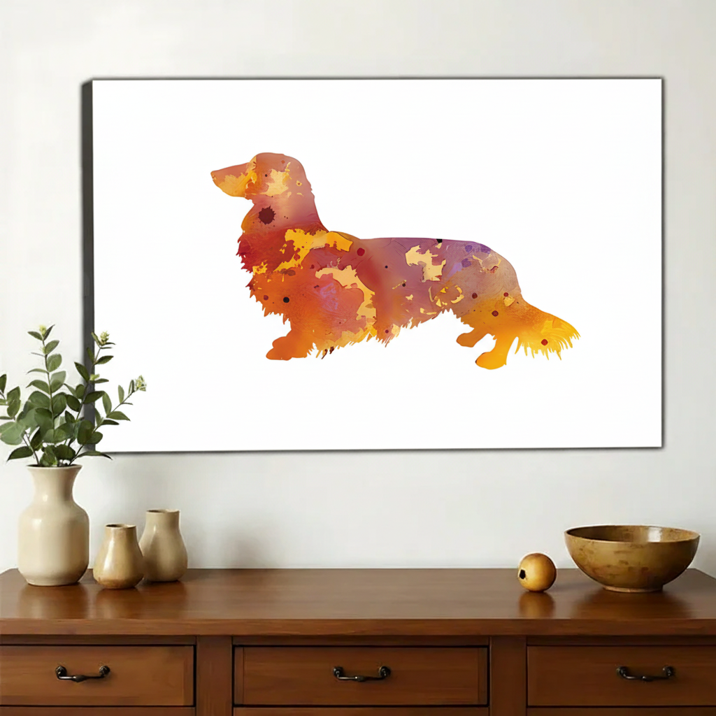 Watercolor Dachshund Wall Art – Colorful Long-Haired Wiener Dog Canvas Print | W2084