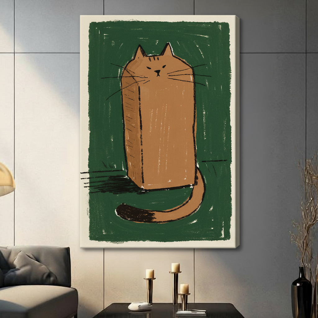 Funny orange cat framed canvas print – expressive crayon-sketch illustration for living room wall