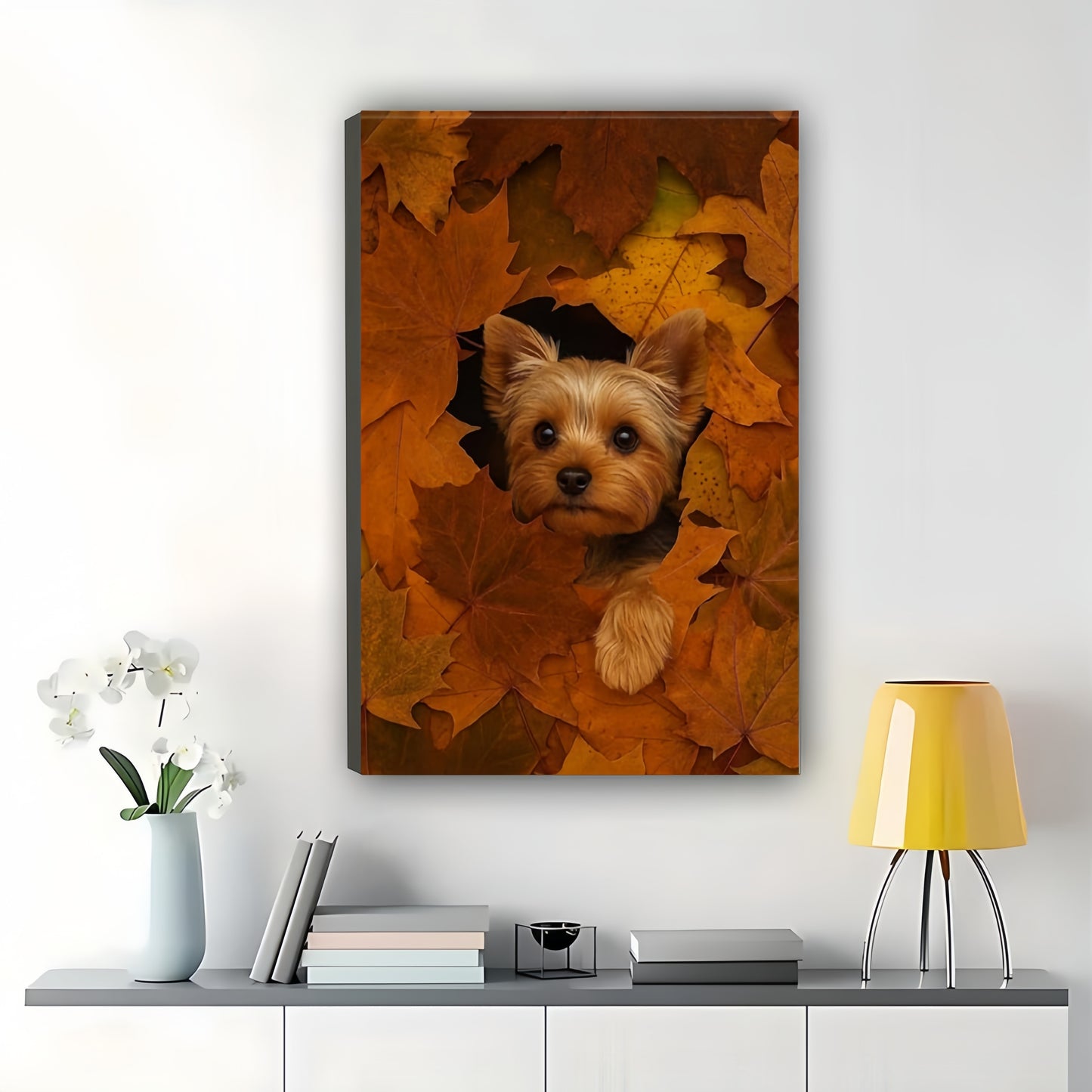 Yorkie in Autumn Leaves – Whimsical Pet Wall Art on Natural Wood Canvas | W888