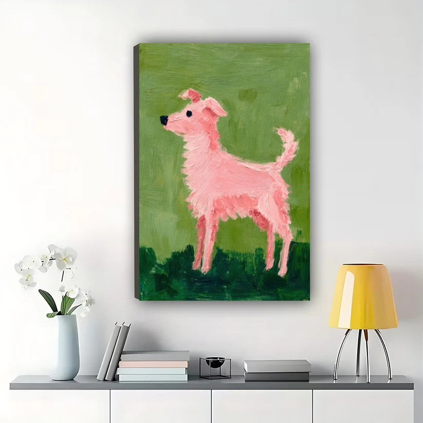 Abstract Pink Dog Folk Painting Wall Art – Whimsical Puppy Framed Canvas Art | W2164