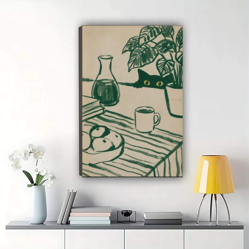 Peeking Black Cat in Potted Plant – Vintage Sketch Wall Art on Natural Wood Canvas | W841