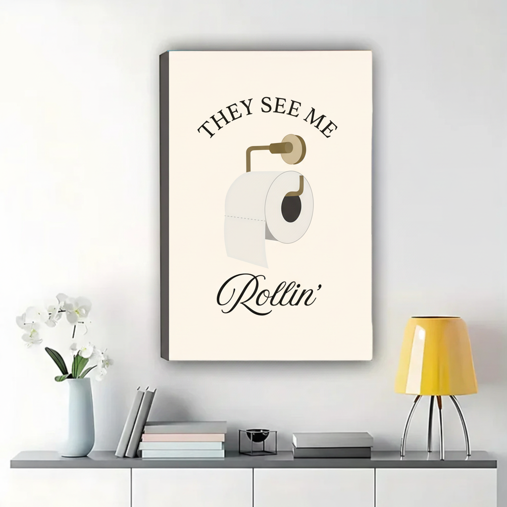 They See Me Rollin' Toilet Paper Wall Art – Funny Bathroom Quote Canvas Print on Natural Wood Frame | W2133