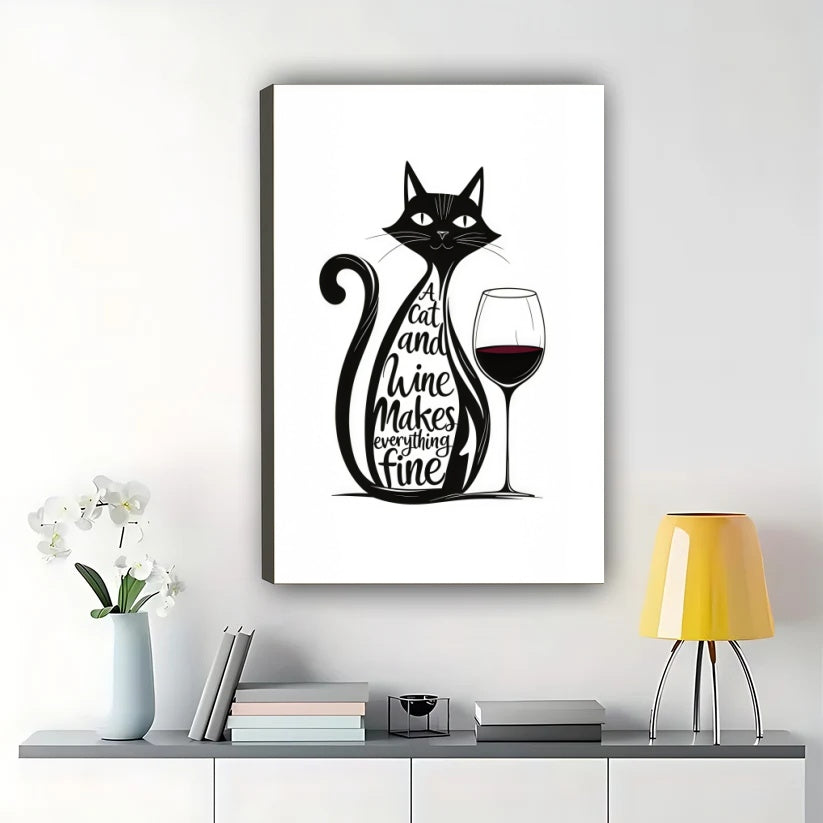 A Cat and Wine Makes Everything Fine – Retro Cat Wall Art on Natural Wood Canvas | W921