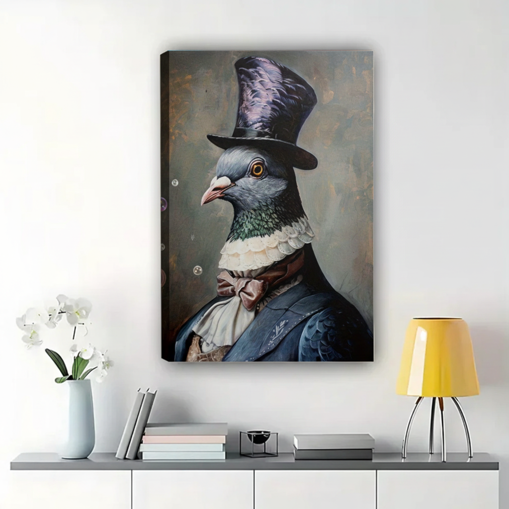 Gentleman Pigeon in Top Hat Wall Art – Dark Academia Animal Portrait Canvas Print on Natural Wood Frame | W2139