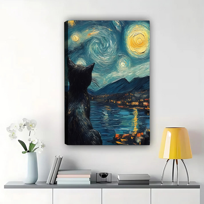 Starry Night Cat Canvas Wall Art - Van Gogh Inspired Black Cat Silhouette Print|W1152