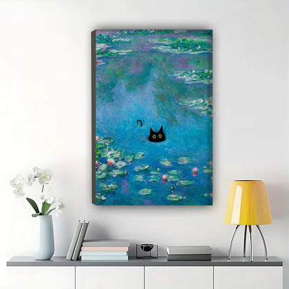Black Cat in Monet Water Lilies – Classic Art Parody Wall Art on Natural Wood Canvas | W882