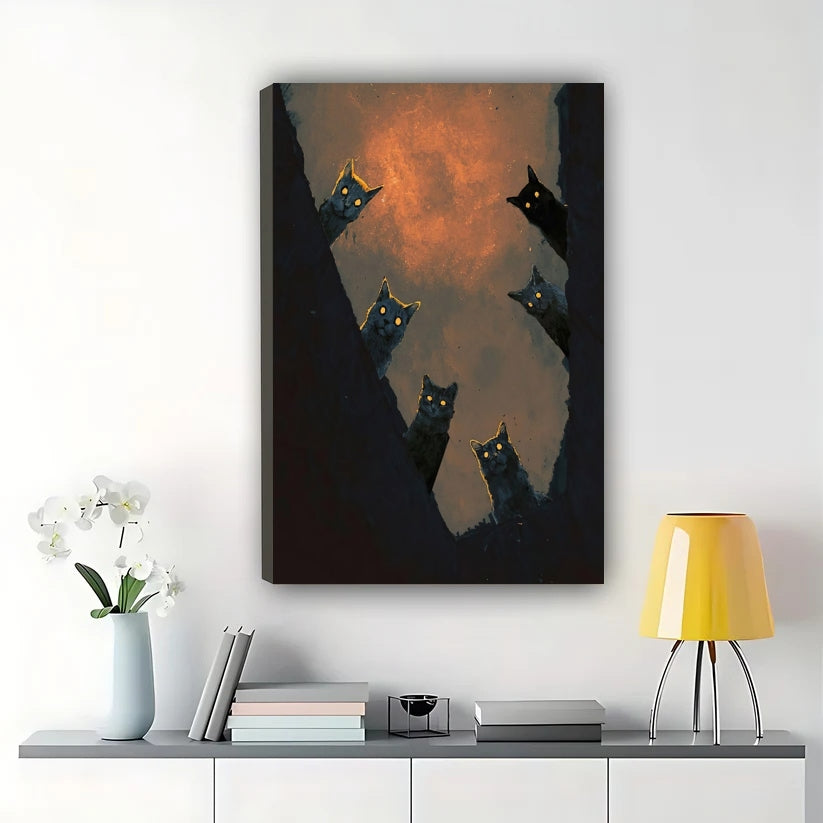 Mysterious Peeking Black Cats Wall Art – Dark Moody Cat Oil Painting Canvas Art | W2301