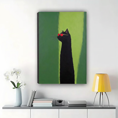 Cool Black Cat with Red Sunglasses Wall Art – Minimalist Pop Art Canvas Print on Natural Wood Frame | W2119