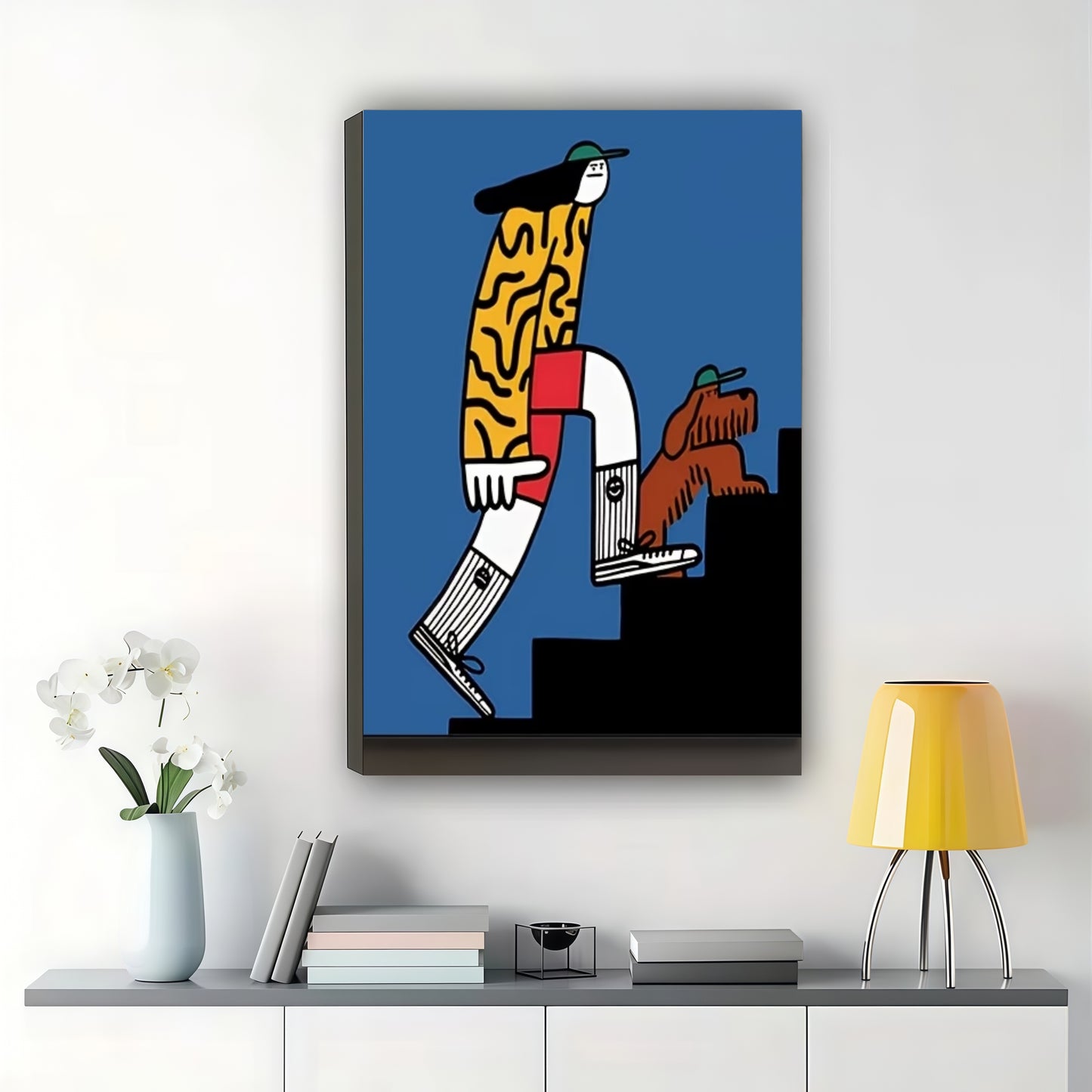 Stylish Man Walking Dog Wall Art – Bold Modern Cartoon Canvas Print on Natural Wood Frame | W2401