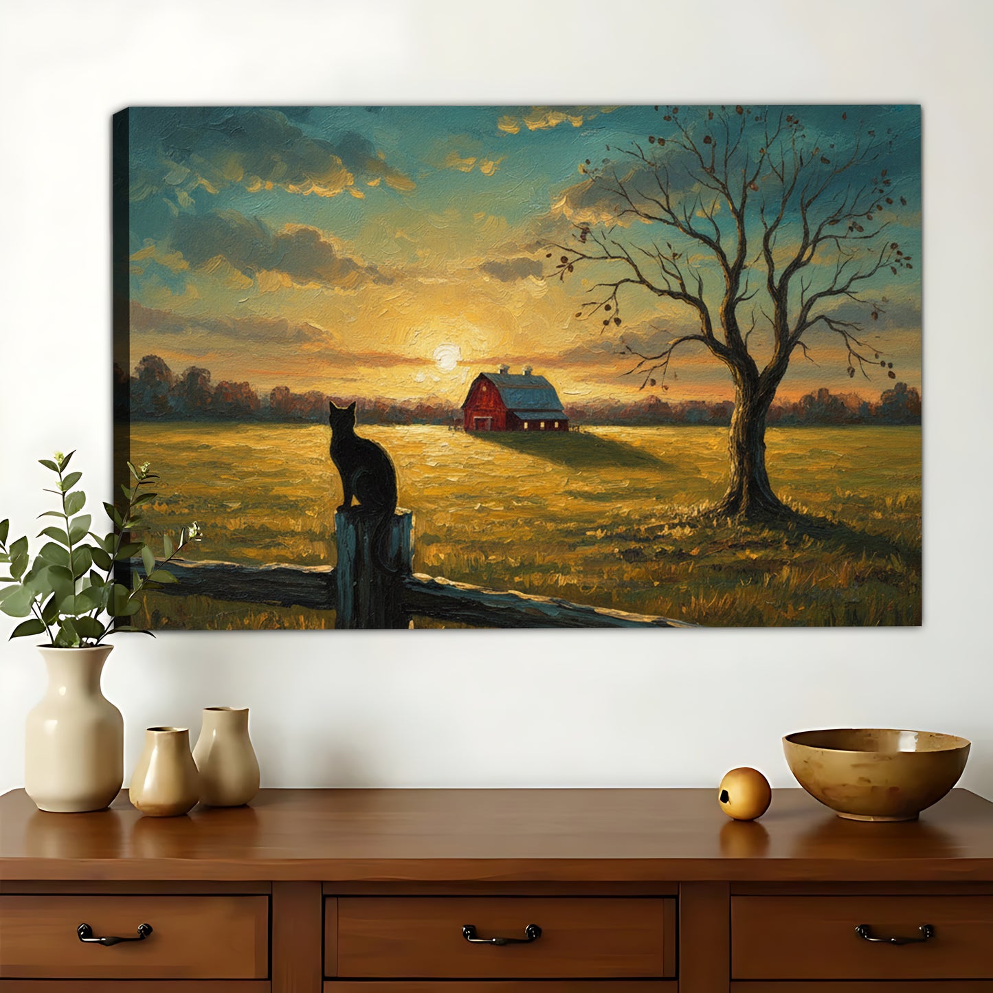 Autumn Farm Field Black Cat – Rustic Landscape Wall Art on Natural Wood Canvas | W901