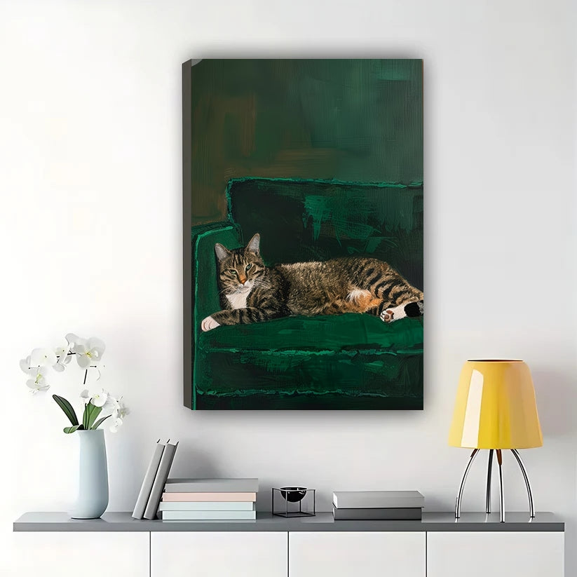 Tabby Cat Napping on Couch – Cozy Cat Portrait Wall Art on Natural Wood Canvas | W2070