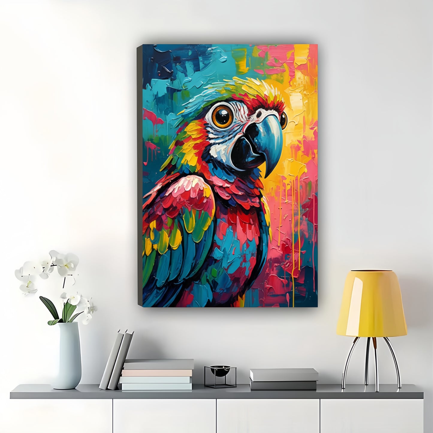 The Vibrant Graffiti Parrot – Tropical Playful Wall Art on Natural Wood Canvas | W650