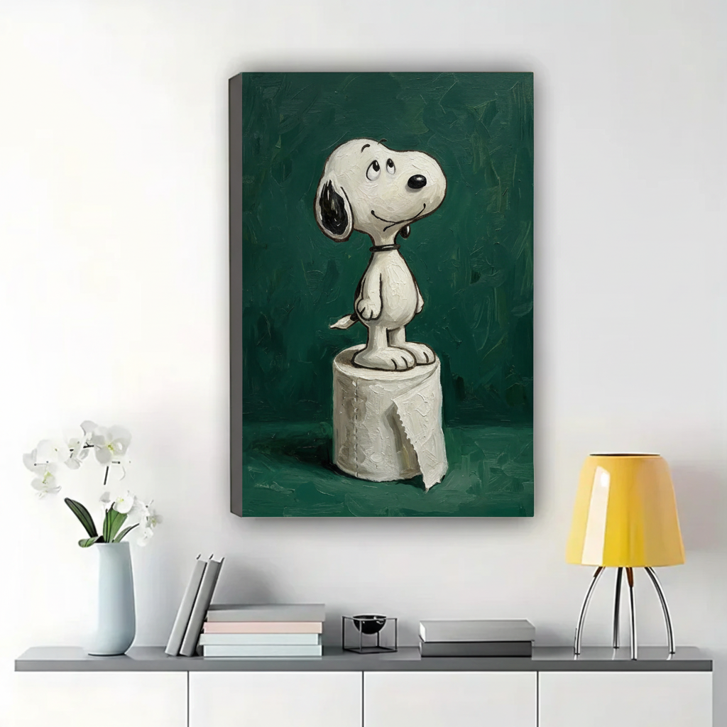 Snoopy Standing on a Toilet Roll Wall Art – Vintage Cartoon Oil Painting Canvas Print on Natural Wood Frame | W2222
