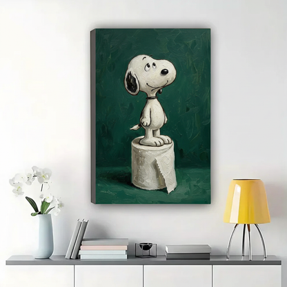 Snoopy Standing on a Toilet Roll Wall Art – Vintage Cartoon Oil Painting Canvas Print on Natural Wood Frame | W2222