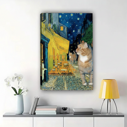 The Starry Night Cat – Van Gogh-Inspired Artistic Wall Art on Natural Wood Canvas | W621