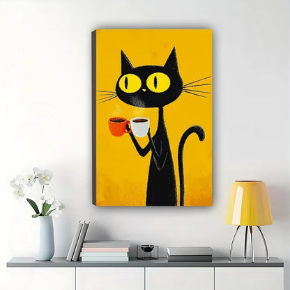Retro Black Cat with Coffee Cup – Bold Yellow Background Wall Art on Natural Wood Canvas | W719