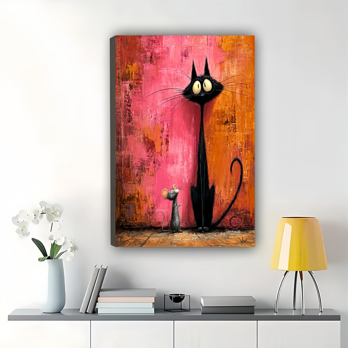 Tall Black Cat & Mouse – Textured Abstract Whimsical Wall Art on Natural Wood Canvas | W983