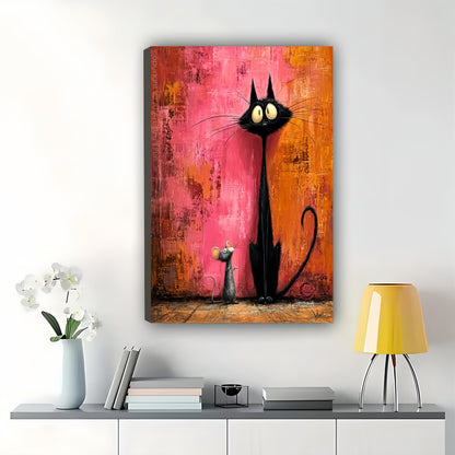 Tall Black Cat & Mouse – Textured Abstract Whimsical Wall Art on Natural Wood Canvas | W983